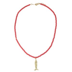 Coral beaded fish pendant necklace with gold chain