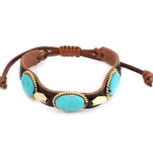 turquoise leather slide bracelet featuring genuine leather and gold plated brass
