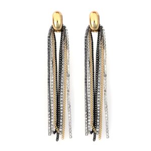 Gold-tone oval-top earrings with long black, gold-tone and silver-tone fringe strands