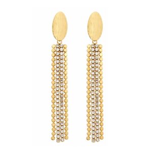 Gold-tone oval-top earrings with long clear crystal and gold-tone fringe strands