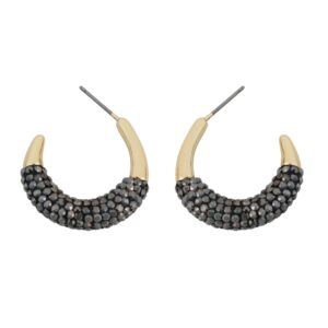 Pair of small gold-tone hoop earrings with rows of dark crystal detailing and post backs
