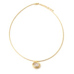 Slim gold-tone collar necklace with a rounded clear crystal pendant and extender chain