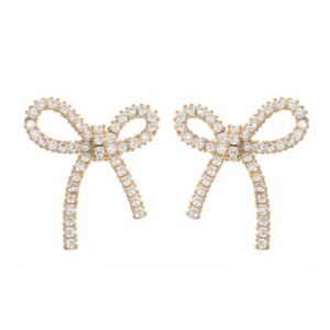 Pair of gold-tone bow stud earrings with clear crystal-lined loops and trailing ends