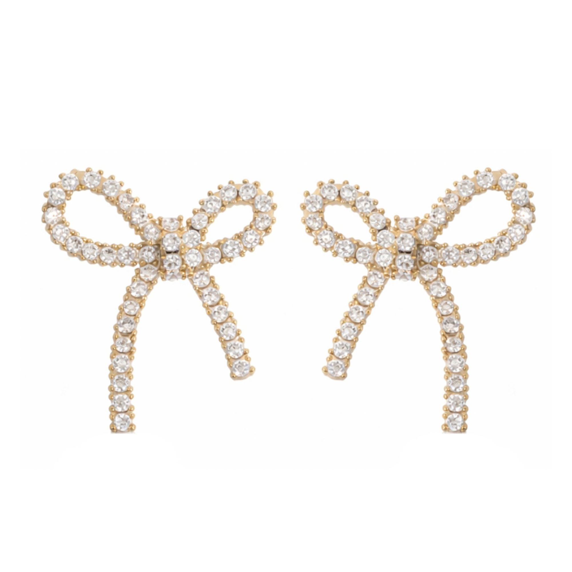 Pair of gold-tone bow stud earrings with clear crystal-lined loops and trailing ends